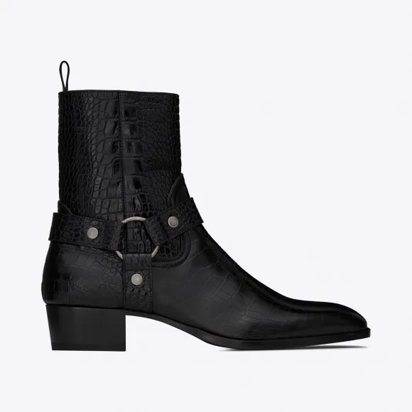 伊夫圣罗兰/Yves Saint laurent WYATT鳄鱼压纹皮革吊带靴 60351506A001000