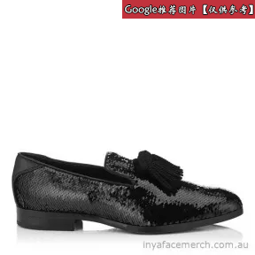 Jimmychoo/吉米周 黑色Pailettes布艺流苏拖鞋 FOXLEYAIF010003