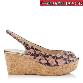 Jimmychoo/吉米周 芭蕾舞粉色闪亮蛇纹皮革软木坡跟鞋 PRAISESYK110323