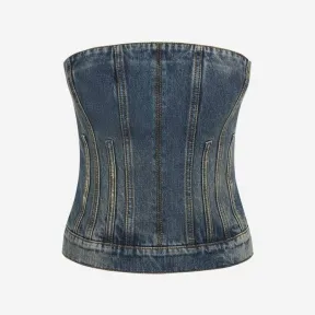 亚历山大麦昆/Alexander McQueen 女式水洗蓝色紧身胸衣牛仔上衣 732924QMACC4251 