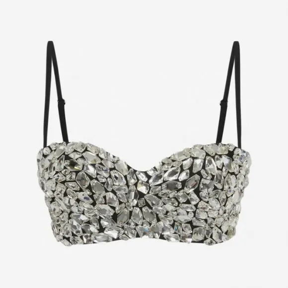 亚历山大麦昆/Alexander McQueen 黑色水晶碎片刺绣紧身胸衣文胸 734693QEAAA1000 