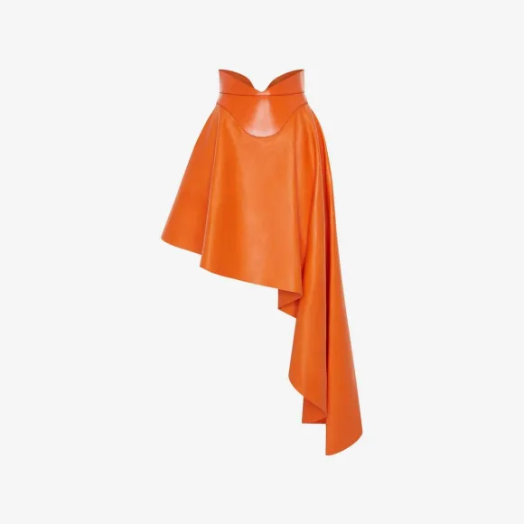 亚历山大麦昆/Alexander McQueen 女式落日橙不对称垂褶皮裙 747109Q5ALO7049 