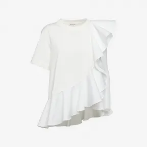 亚历山大麦昆/Alexander McQueen 女士Hybrid荷叶边T恤光学白色 754934QLACU9000