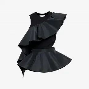 亚历山大麦昆/Alexander McQueen 女士不对称荷叶边Hybrid上衣黑色 755058QLACV1000