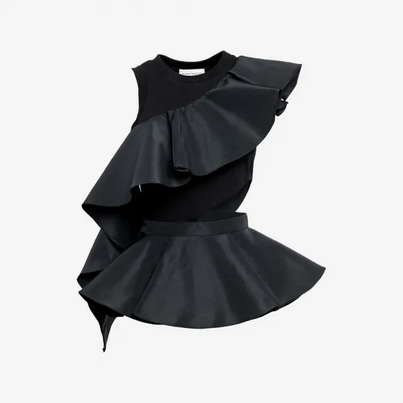 亚历山大麦昆/Alexander McQueen 女士不对称荷叶边Hybrid上衣黑色 755058QLACV1000