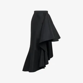 亚历山大麦昆/Alexander McQueen 女式黑色不对称垂坠中长半身裙 757643QEACM1000 