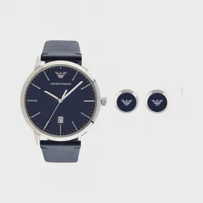 阿玛尼/Armani 商务蓝色表盘石英腕表袖扣组合装丨礼盒套装 AR80032_NLP