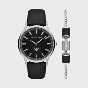 阿玛尼/Armani 商务经典黑色皮带石英腕表手链组合套装丨礼盒套装 AR80039_NLP