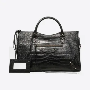 巴黎世家/Balenciaga Classic金色鳄鱼纹都市包 - 黑色 | 女士Giant Croc印花手袋 115748-DLI2T-1000