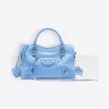 巴黎世家/Balenciaga BABY BLUE/BLACK Classic Silver Mini City饰标识肩带手袋 45469665bw