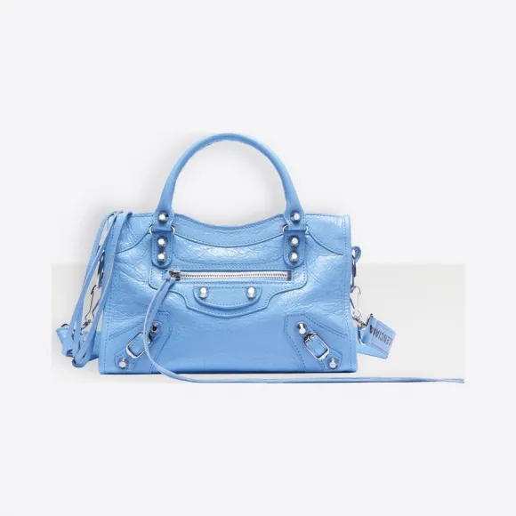 巴黎世家/Balenciaga BABY BLUE/BLACK Classic Silver Mini City饰标识肩带手袋 45469665bw