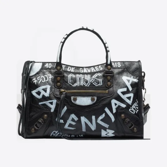 巴黎世家/Balenciaga 白色/黑色 Graffiti Classic小号都市包 45382277ig