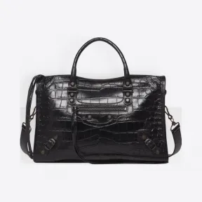 巴黎世家/Balenciaga Classic小号金色鳄鱼纹都市包 - 黑色 | 女士Giant Croc印花手袋 431621-DLI2T-1000