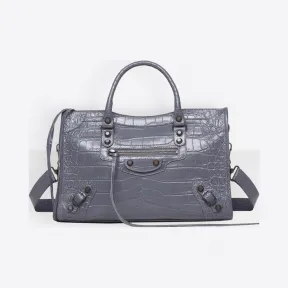 巴黎世家/Balenciaga Classic小号金色鳄鱼纹都市包 - 希望灰 | 女士Giant Croc印花手袋 431621-DLI2T-1370