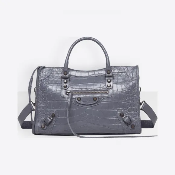 巴黎世家/Balenciaga Classic小号金色鳄鱼纹都市包 - 希望灰 | 女士Giant Croc印花手袋 431621-DLI2T-1370