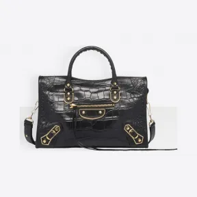 巴黎世家/Balenciaga ‎女士‎ ‎黑色 ‎ ‎鳄鱼皮效果Classic小号金属饰边都市包 ‎ | Balenciaga 432831-0R72G-1000