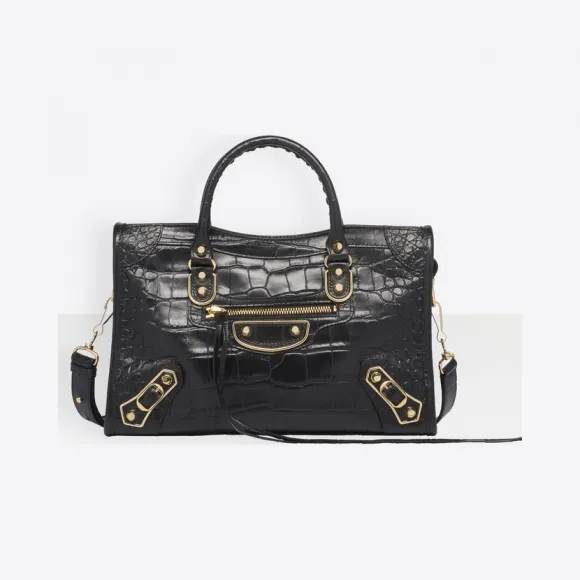 巴黎世家/Balenciaga ‎女士‎ ‎黑色 ‎ ‎鳄鱼皮效果Classic小号金属饰边都市包 ‎ | Balenciaga 432831-0R72G-1000
