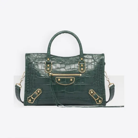 巴黎世家/Balenciaga ‎女士‎ ‎绿色 ‎ ‎鳄鱼皮效果Classic小号金属饰边都市包 ‎ | Balenciaga 432831-0R72G-3021