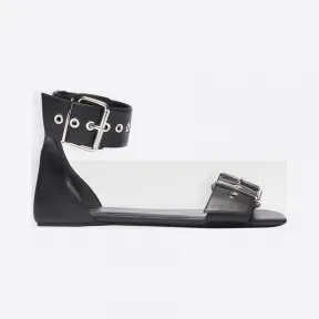 巴黎世家/Balenciaga 银色/ 黑色 饰皮带平底踝带凉鞋 11730766hm