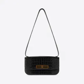 巴黎世家/Balenciaga 女士 Gossip 中号黑色压花鳄鱼皮包 67469523ECM1000