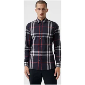 博百利/Burberry 男士 格纹弹力棉衬衫 (海军蓝) - 男士  40067311