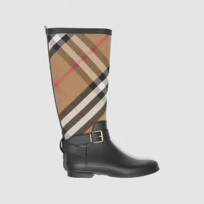 博百利/Burberry 女士 束带装饰格纹拼橡胶雨靴 (House格纹/黑色) 40383511
