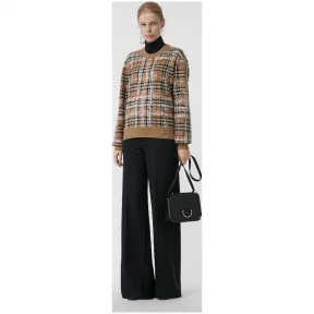 博百利/Burberry 女士 涂鸦格纹美利奴羊毛衫 (驼色 / 白色) 40735321