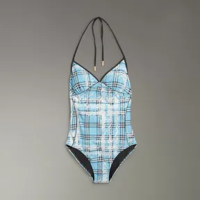 博百利/Burberry 女士 涂鸦格纹绕颈式泳衣 (浅湛蓝) 40774001