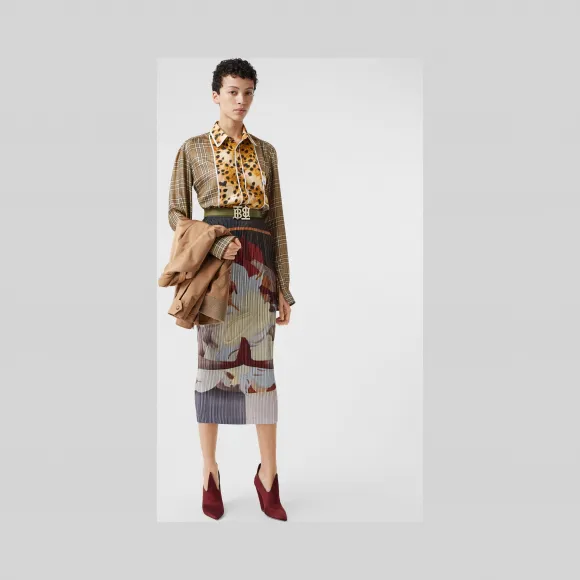 博百利/Burberry 女士 斑点印花裁片格纹丝质宽松衬衫  45669411