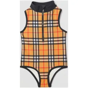 博百利/Burberry 儿童用品 Vintage 格纹徽标装饰连体泳衣 (古典黄色)  80087761