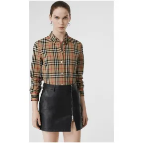 博百利/Burberry 女士 标志性条纹装饰 Vintage 格纹棉质衬衫 (典藏米色) 80090331