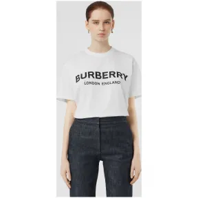 博百利/Burberry 女士 徽标印花棉质 T 恤衫 (白色) 80125601