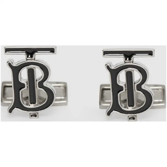 博百利/Burberry 男士 专属标识图案珐琅拼镀钯金袖扣 (钯金色 / 黑色) - 男士  80131651
