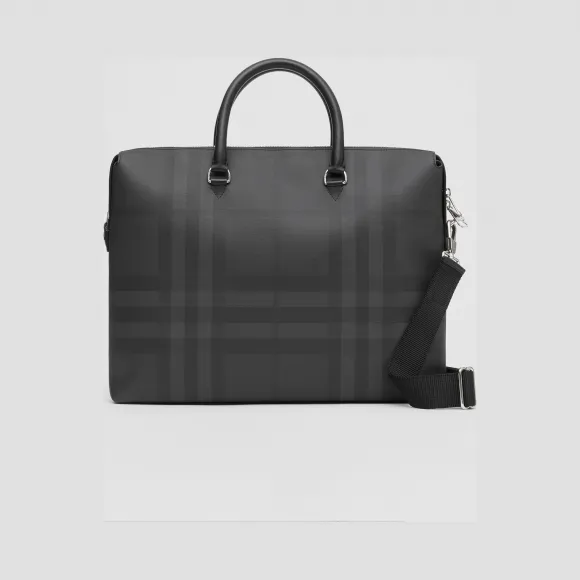 博百利/Burberry 大号 London 格纹拼皮革公文包 (深炭灰) - 男士  80139861