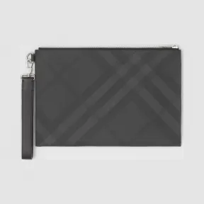 博百利/Burberry 男士 London 格纹拼皮革拉链收纳袋 (深炭灰) 80145251