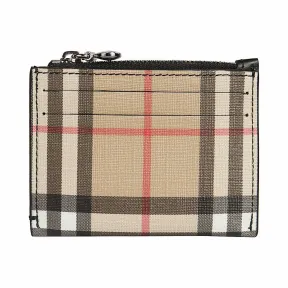 博百利/Burberry 女士 Vintage 格纹拼皮革拉链卡片夹 (黑色) 80151331