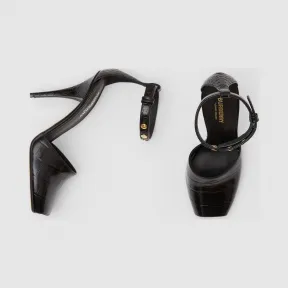 博百利/Burberry 女士 三粒铆钉装饰压花皮革露趾凉鞋 (黑色) 80155351