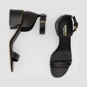 博百利/Burberry 女士 镀金细节皮革粗跟凉鞋 (黑色) 80155651