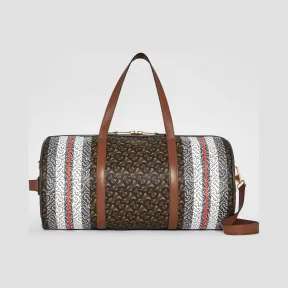 博百利/Burberry 女士 中号专属标识条纹环保帆布圆筒旅行袋 (马鞍棕)  80186521