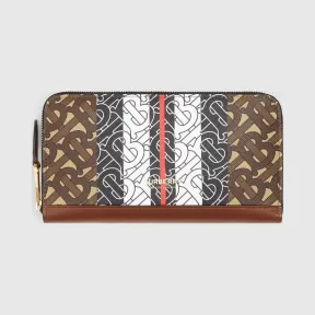 博百利/Burberry 专属标识条纹环保帆布拼皮革全拉链钱夹  P80193081