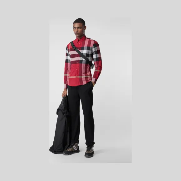 博百利/Burberry 格纹弹力棉府绸衬衫 (缤纷红色) - 男士  80198791