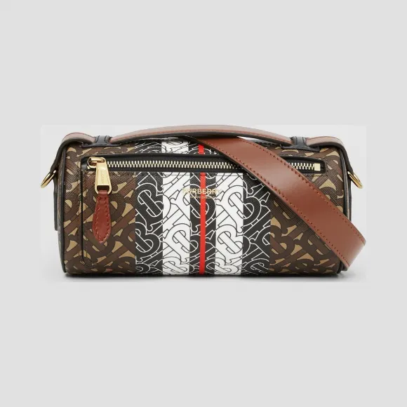 博百利/Burberry The Barrel - 专属标识条纹环保帆布拼皮革巴瑞尔包 (马勒棕) - 女士  80201701