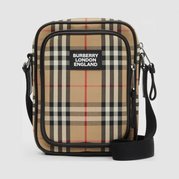 博百利/Burberry Vintage 格纹拼皮革斜背包 (典藏米色) - 男士  80233811