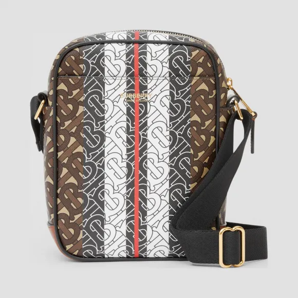 博百利/Burberry 专属标识条纹印花环保帆布斜背包 (马勒棕) - 男士  80235731