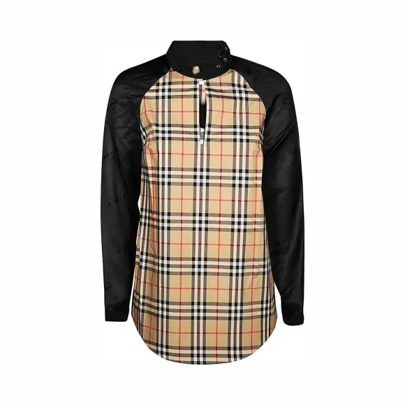 博百利/Burberry Vintage 格纹弹力棉质拼徽标提花上衣 (典藏米色) - 女士  80241531