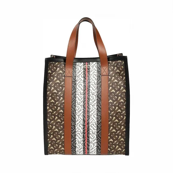 博百利/Burberry 小号专属标识条纹环保帆布竖版托特包 (马勒棕) - 女士  80242941