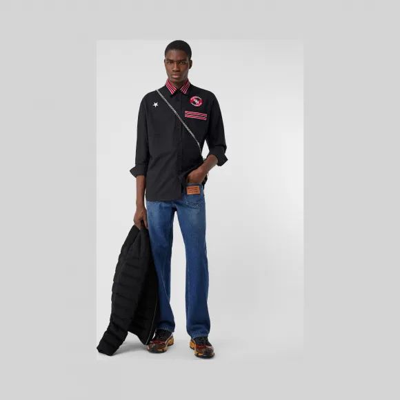 博百利/Burberry 徽标图案棉质宽松牛津衬衫 (黑色) - 男士  80248581