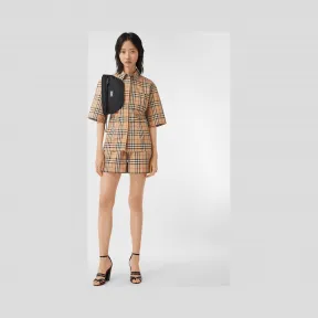 博百利/Burberry 短袖 Vintage 格纹弹力棉质衬衫 (典藏米色) - 女士  80258231