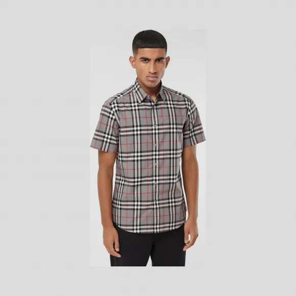 博百利/Burberry 短袖格纹棉府绸衬衫 (风暴麻灰) - 男士  80293701