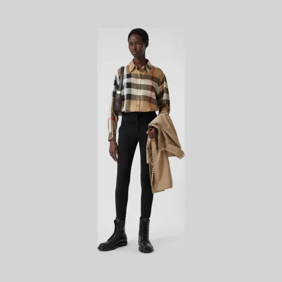 博百利/Burberry 女士 格纹印花丝质斜纹宽松衬衫  80340901